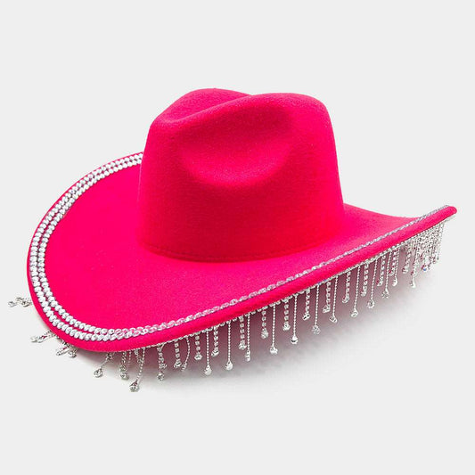 Pink Rhinestone Stone Paved Fringe Around Cowboy Western Hat - M H W ACCESSORIES LLC