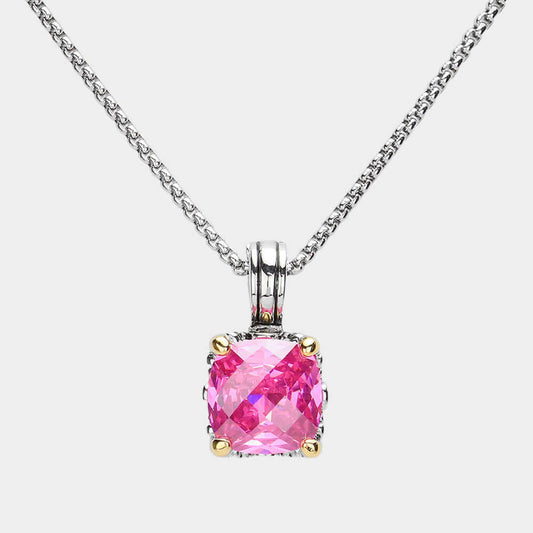 Pink Square Cubic Zirconia Stone Cluster Pendant Necklace - M H W ACCESSORIES LLC