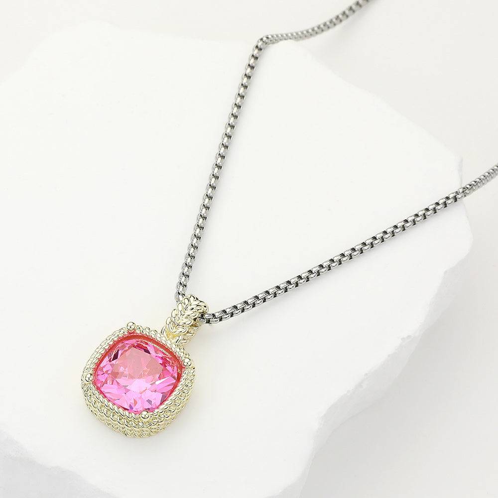 Pink Stone Necklaced Pendant 14K Gold Plated Square CZ Necklace - M H W ACCESSORIES LLC