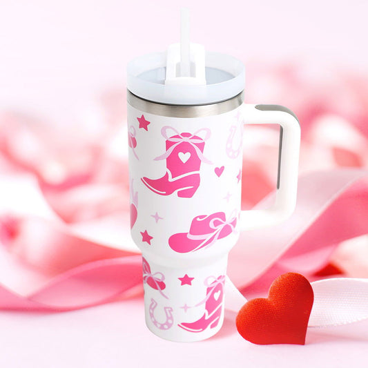 Pink Western Boot Hear Horseshoe Pattern Printed 40oz Stainless Steel Tumbler with Handle - M H W ACCESSORIES LLC