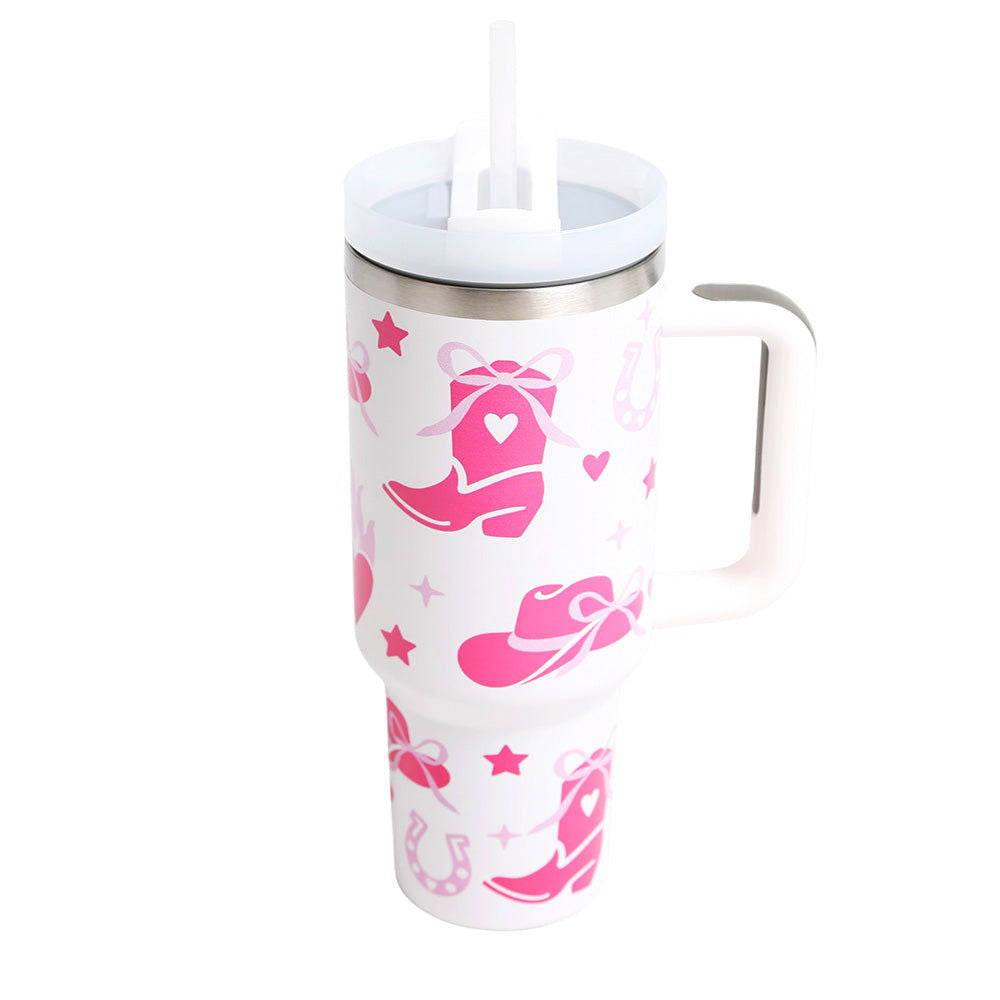 Pink Western Boot Hear Horseshoe Pattern Printed 40oz Stainless Steel Tumbler with Handle - M H W ACCESSORIES LLC