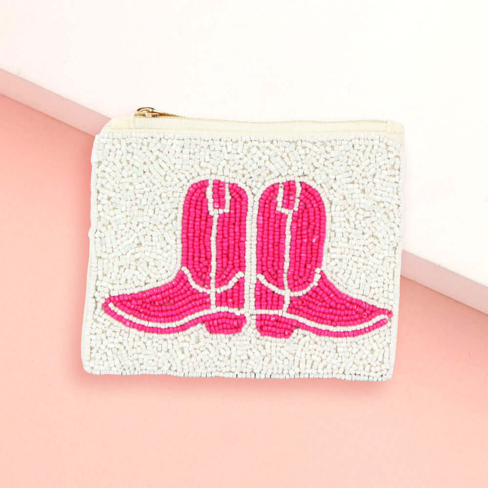 Pink Western Cowboy Boots Seed Beaded Mini Pouch Bag - M H W ACCESSORIES LLC