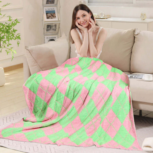 Pink and Green Argyle Reversible Throw Blanket - M H W ACCESSORIES LLC