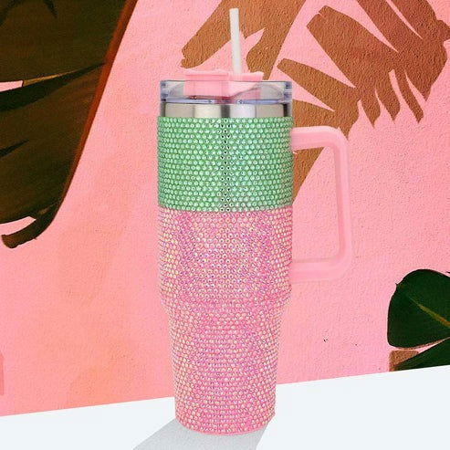 Pink and Green Glam Bling Studded Color block 40oz Stainless Steel Tumbler With Handle - M H W ACCESSORIES LLC