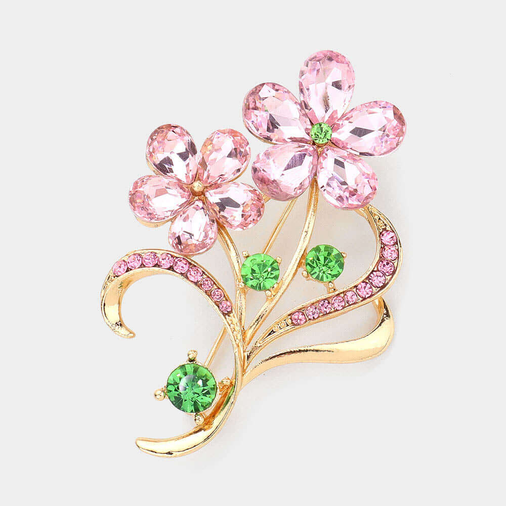 Pink and Green Glass Crystal Stone Flower Embellished Brooch - M H W ACCESSORIES LLC