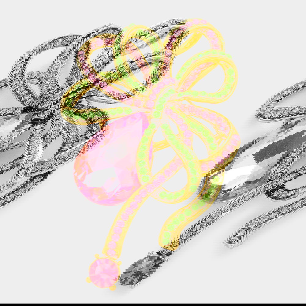 Pink and Green Glass crystal teardrop accented bow brooch / pendant - M H W ACCESSORIES LLC