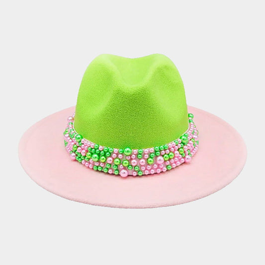 Pink and Green Pearl Embellished Band Pointed Color Block Fedora Hat - M H W ACCESSORIES LLC