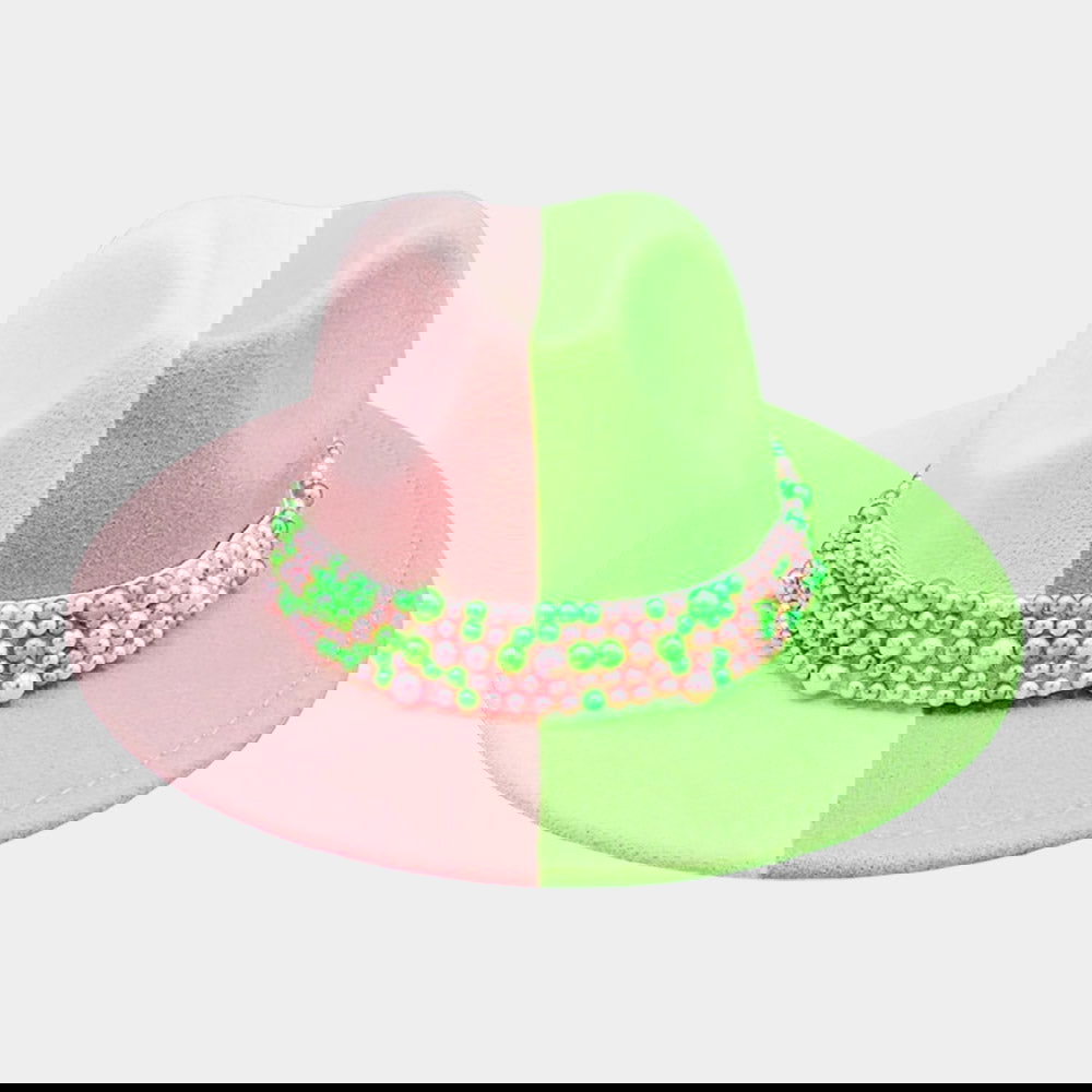 Pink and Green Pearl Embellished Band Pointed Color Block Fedora Hat - M H W ACCESSORIES LLC