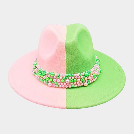 Pink and Green Pearl Embellished Band Pointed Color Block Fedora Hat - M H W ACCESSORIES LLC