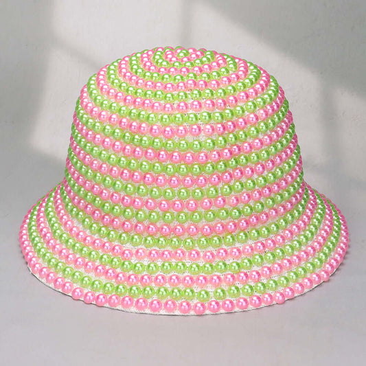 Pink and Green Pearl Embellished Bucket Hat - M H W ACCESSORIES LLC