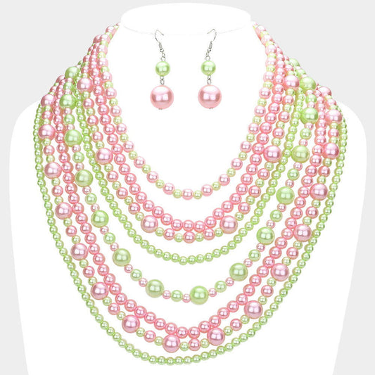 Pink and Green Pearl Multi Strand Bib Necklace - M H W ACCESSORIES LLC