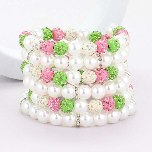 Pink and Green Pearl Shamballa Ball Beaded Adjustable Strand Bracelet - M H W ACCESSORIES LLC