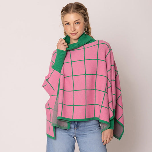 Pink and Green Plaid Knit Poncho - M H W ACCESSORIES LLC