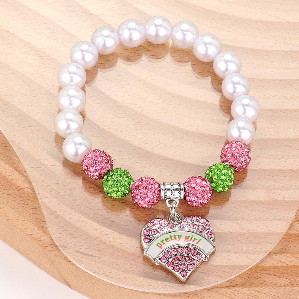 Pink and Green Pretty Girl Message Heart Charm Shamballa l Pearl Beaded Bracelet - M H W ACCESSORIES LLC