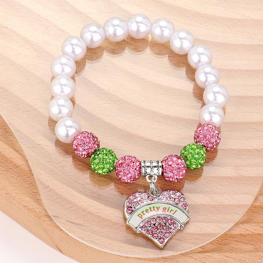 Pink and Green Pretty Girl Message Heart Charm Shamballa l Pearl Beaded Bracelet - M H W ACCESSORIES LLC