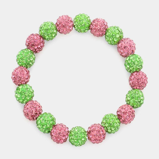 Pink and Green Shamballa Ball Stretch Bracelet- M H W ACCESSORIES - M H W ACCESSORIES LLC