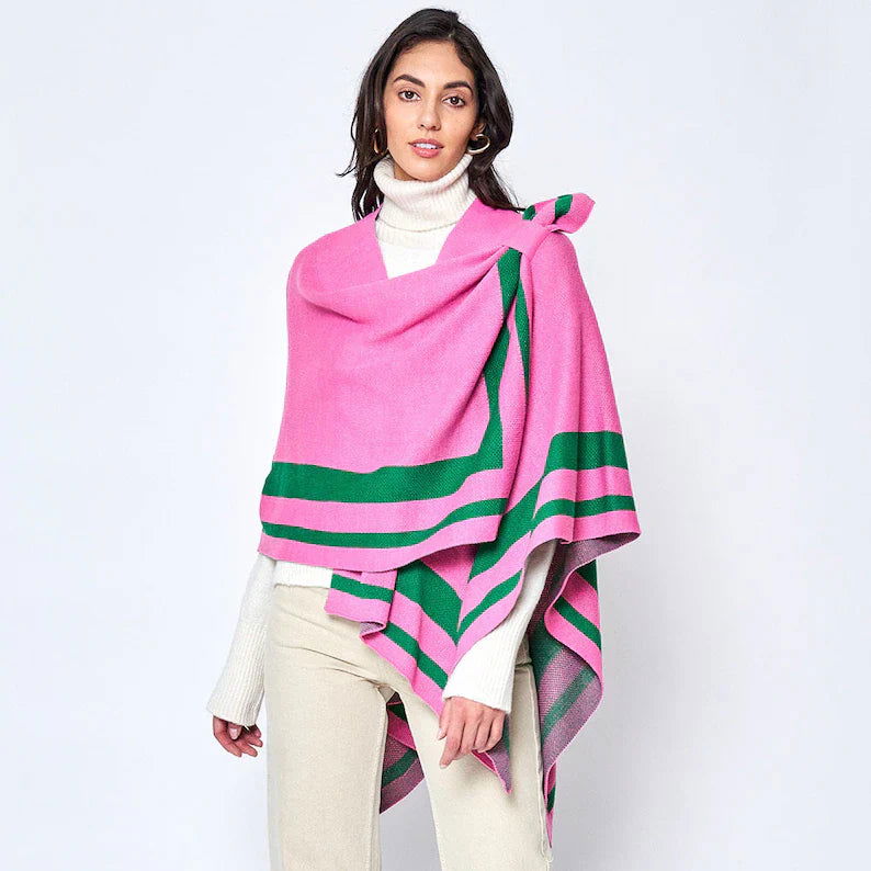 Pink and Green Shoulder Strap Ruana Poncho-M H W ACCESSORIES - M H W ACCESSORIES LLC