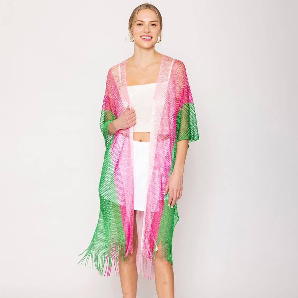 Pink and Green Two-Tone Lurex Kimono Poncho for Women - M H W ACCESSORIES LLC