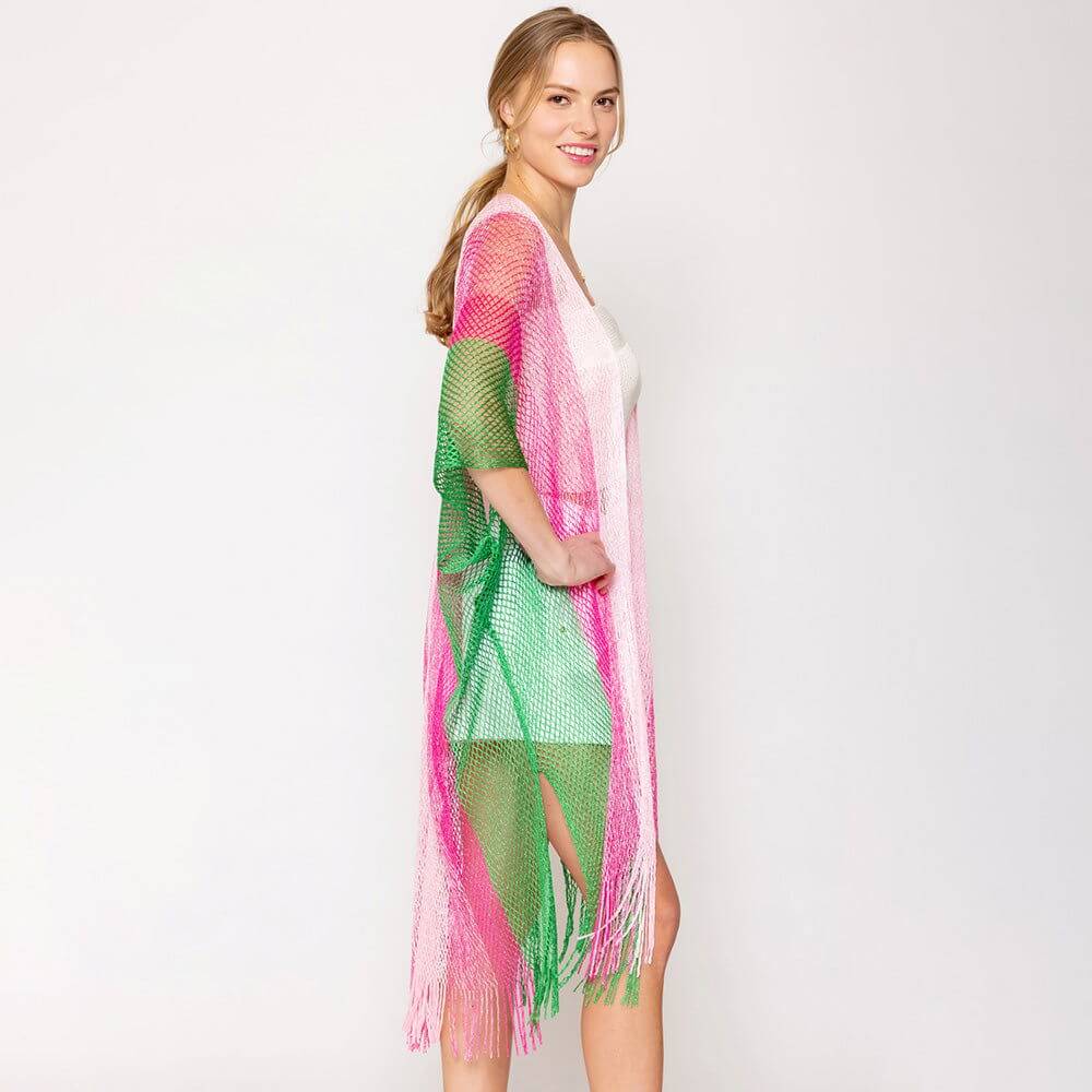 Pink and Green Two-Tone Lurex Kimono Poncho for Women - M H W ACCESSORIES LLC