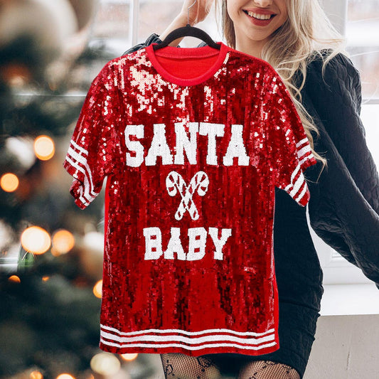 Plus Size Santa Baby Message Christmas Red Sequin Jersey Top - M H W ACCESSORIES LLC