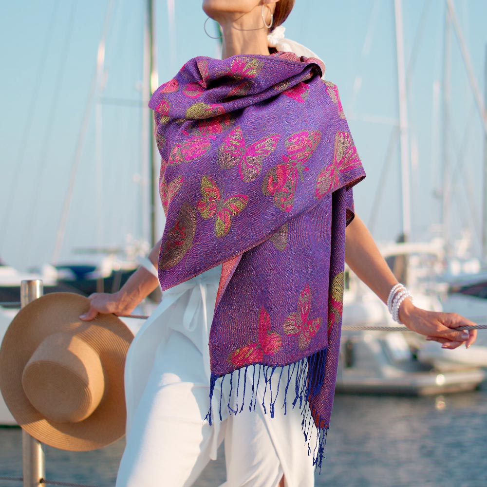 Purple Metallic Butterfly Printed Pashmina Scarf Shawl - M H W ACCESSORIES LLC