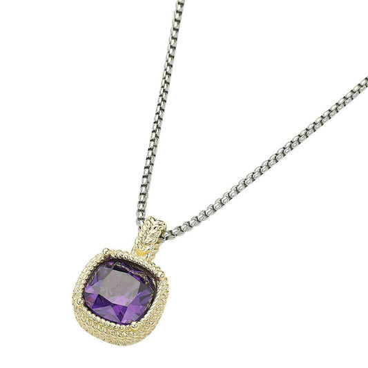 Purple Stone Necklaced Pendant 14K Gold Plated Square CZ Necklace - M H W ACCESSORIES LLC