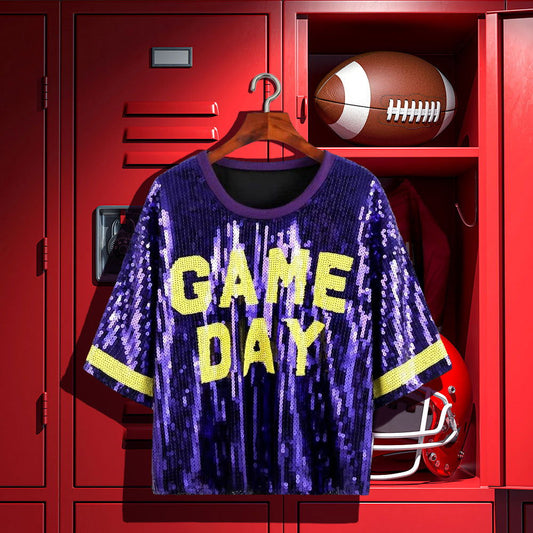 Purple & Yellow GAME DAY Sequin Crop Top - M H W ACCESSORIES LLC
