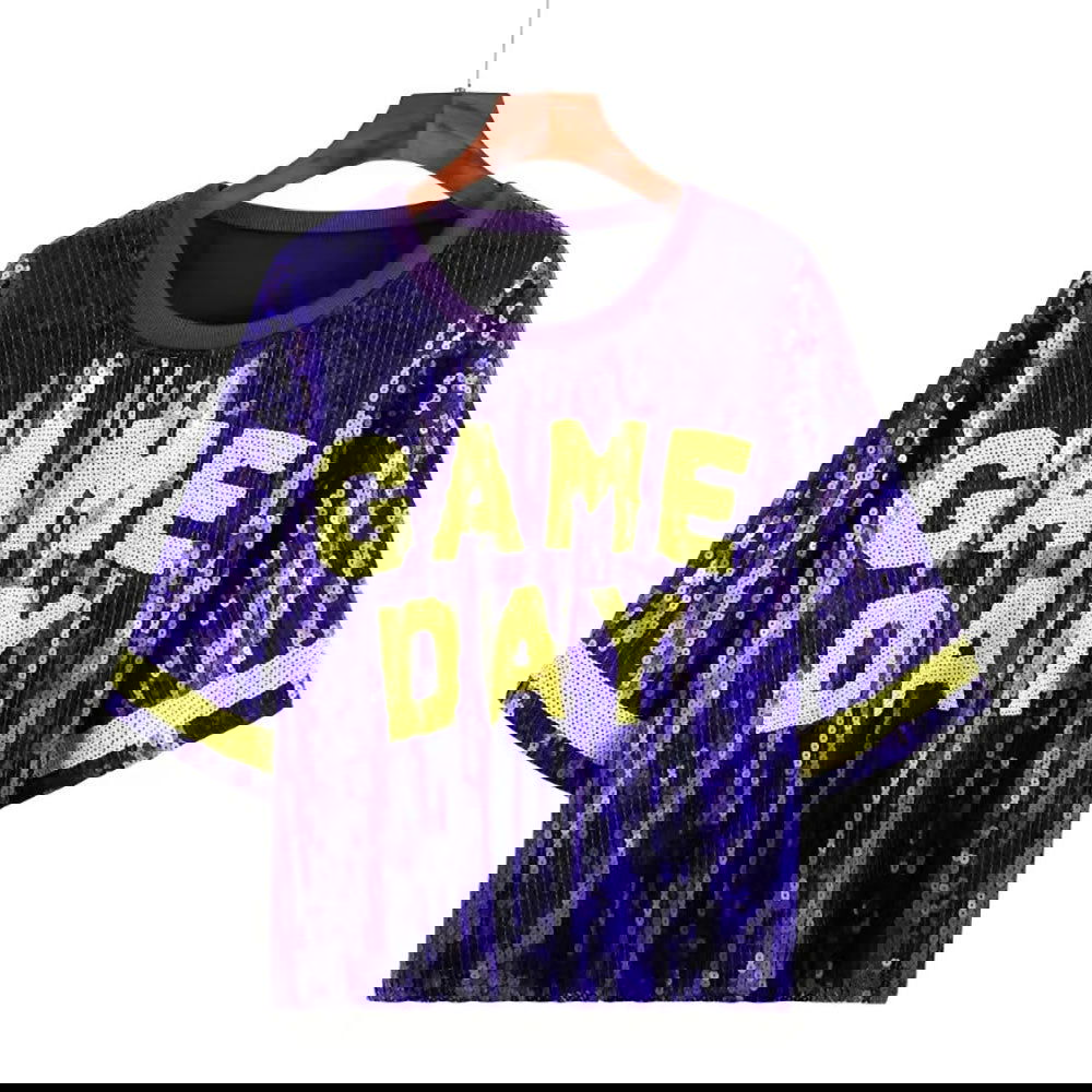 Purple & Yellow GAME DAY Sequin Crop Top - M H W ACCESSORIES LLC