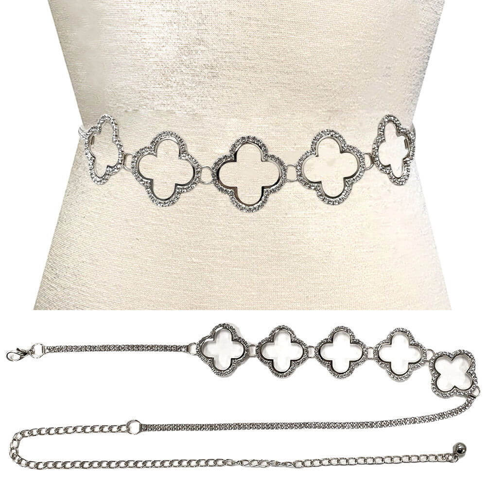 Quatrefoil Rhodium Link Rhinestone Chain Waist Belt - M H W ACCESSORIES LLC