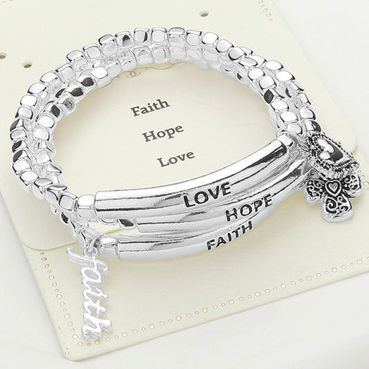 3PCS - Faith Hope Love Message Faith Heart Charm Stretchable Religious