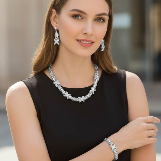 Crisscross Accent Rhinestone Necklace Jewelry Set