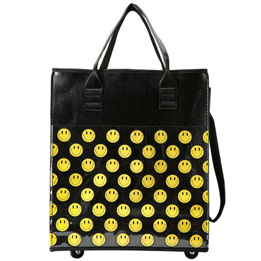 ROLLING YELLOW HAPPY FACE THEMED SHOPPING BAG - M H W ACCESSORIES LLC