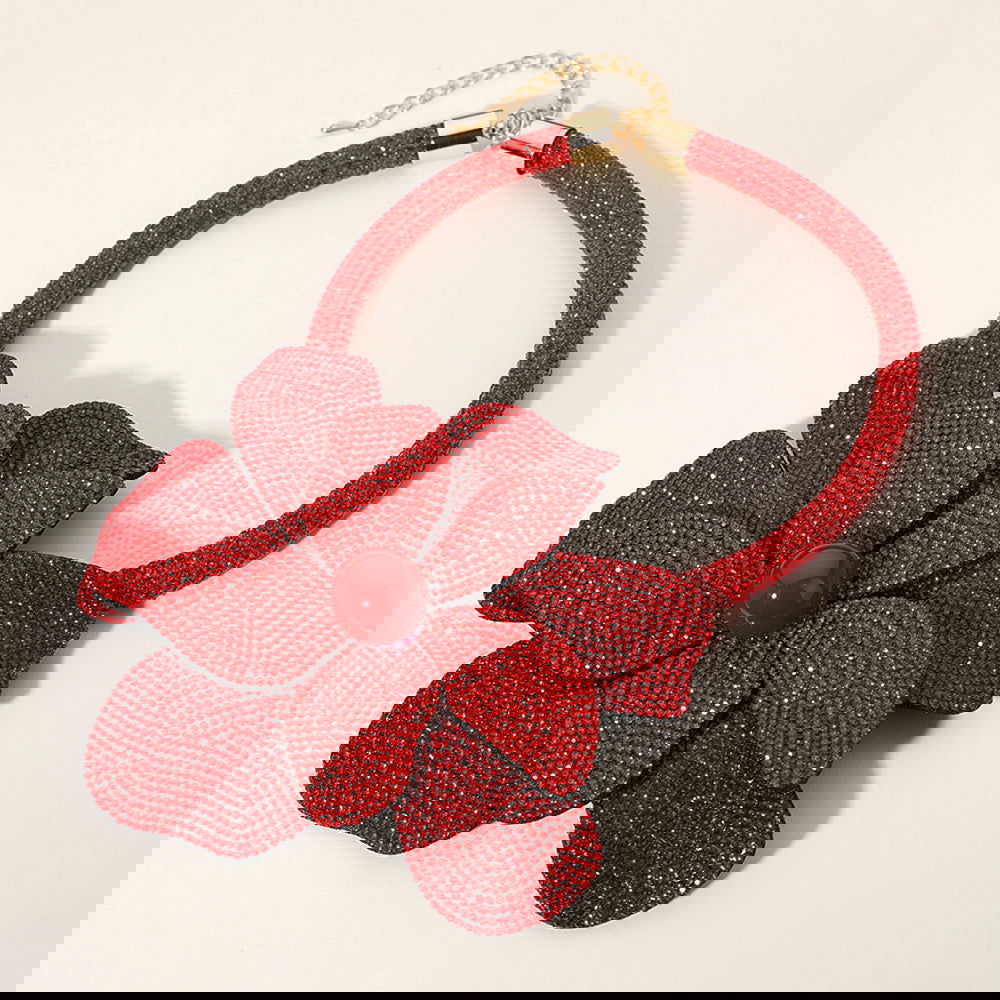 Red Bling Studded Oversized Flower Pointed Necklace - M H W ACCESSORIES LLC