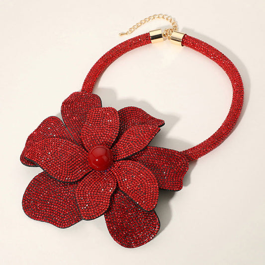 Red Bling Studded Oversized Flower Pointed Necklace - M H W ACCESSORIES LLC