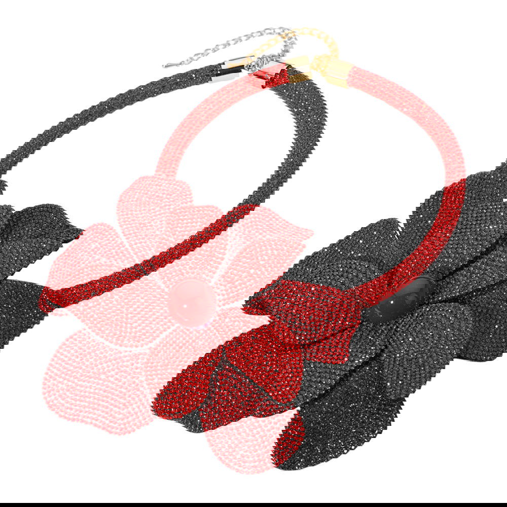 Red Bling Studded Oversized Flower Pointed Necklace - M H W ACCESSORIES LLC