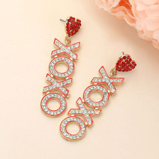 Red CZ XOXO Message Dangle Heart Pointed Earrings - M H W ACCESSORIES LLC