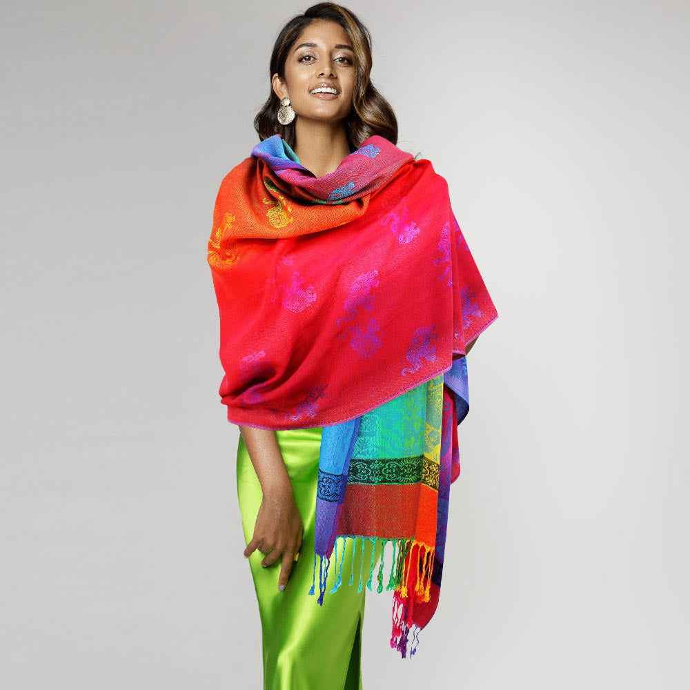 Red Colorful Elephant Printed Pashmina Scarf Shawl