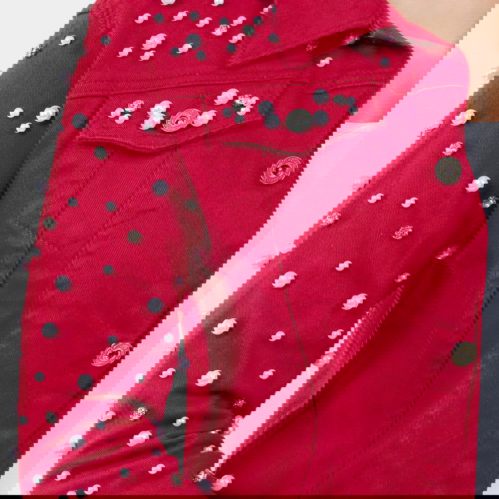 Red Denim Bling Pearl Jacket L/XL - M H W ACCESSORIES LLC