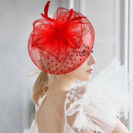 Red Dot Feather Mesh Flower Fascinator / Headband - M H W ACCESSORIES LLC