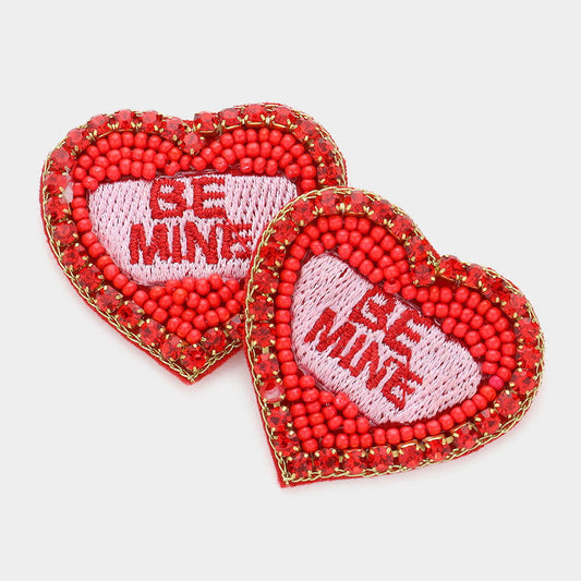 Red Felt Back BE MINE Message Seed Bead Stone Embellished Earrings - M H W ACCESSORIES LLC
