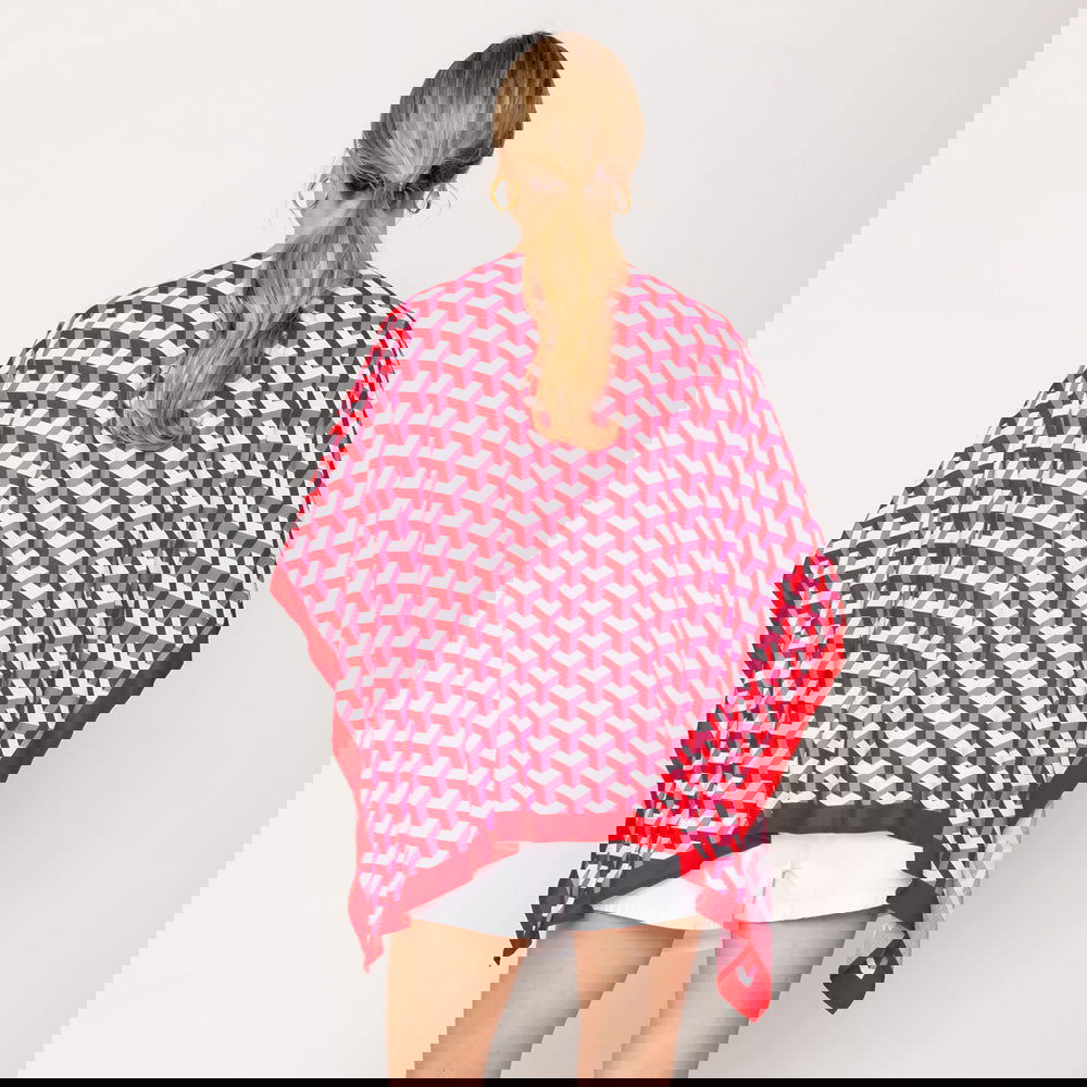 Red Geometric Pattern Print Ruana Poncho - M H W ACCESSORIES LLC