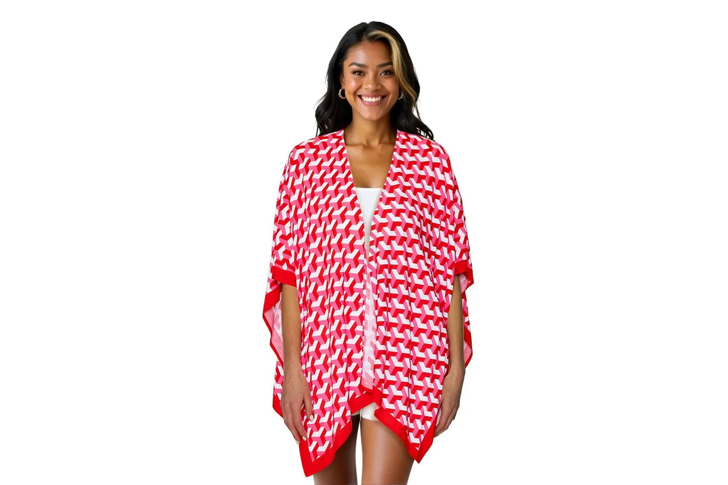 Red Geometric Pattern Print Ruana Poncho - M H W ACCESSORIES LLC