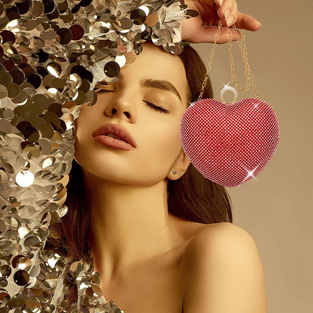Red Heart Shaped Rhinestone Clutch Bag- M H W ACCESSORIES - M H W ACCESSORIES LLC