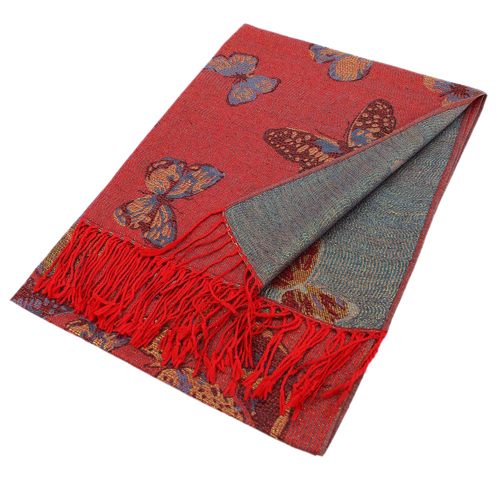 Red Metallic Butterfly Printed Pashmina Scarf Shawl - M H W ACCESSORIES LLC