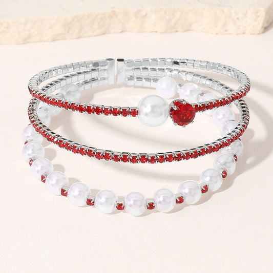 Red Pearl Stone Embellished Evening Cuff Bracelet - M H W ACCESSORIES LLC