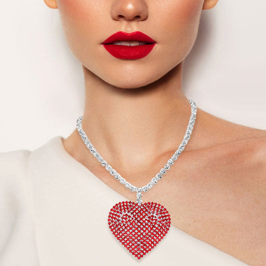 Red Rhinestone Heart Pendant Necklace - M H W ACCESSORIES LLC