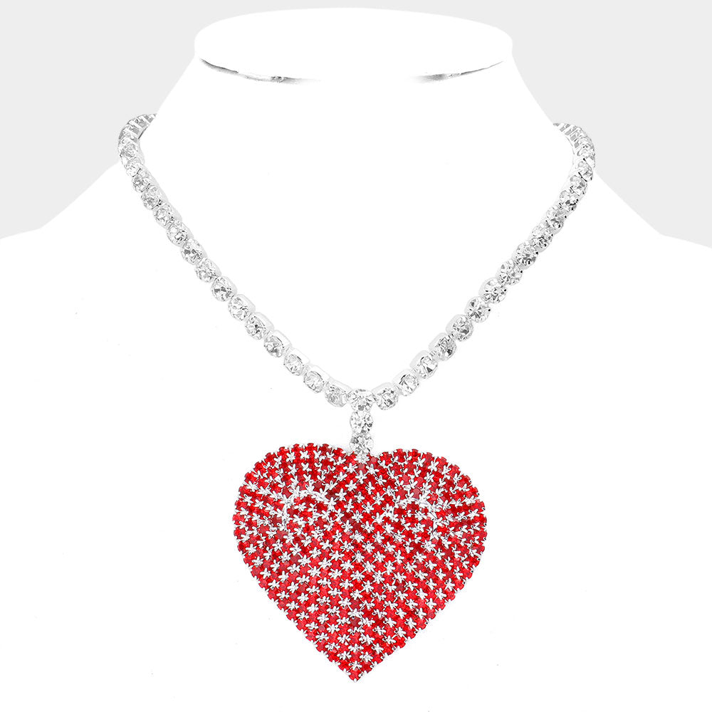 Red Rhinestone Heart Pendant Necklace - M H W ACCESSORIES LLC