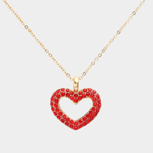 Red Rhinestone Open Heart Pendant Necklace for Her - M H W ACCESSORIES LLC
