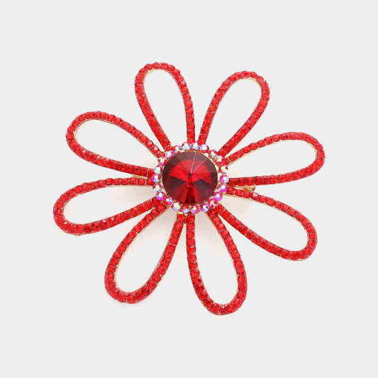 Red Rhinestone Paved Flower and Leave Pin Brooch