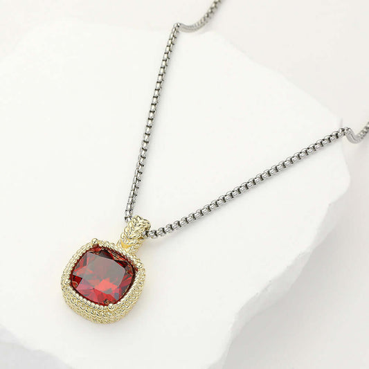 Red Stone Necklaced Pendant 14K Gold Plated Square CZ Necklace - M H W ACCESSORIES LLC